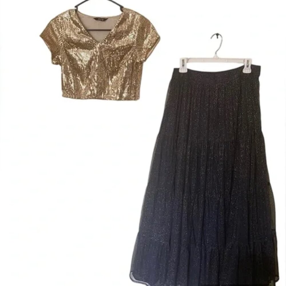 Indya Lehenga Choli Gold Sequined Crop Top and Skirt - S